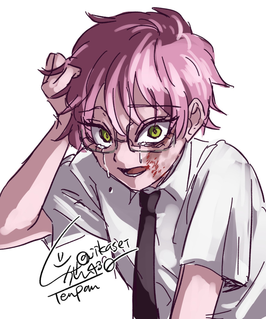 1girl alien_stage black_necktie bruise bruise_on_face collared_shirt commentary crying english_commentary glasses green_eyes hand_on_own_head highres injury jikasei mizi_(alien_stage) mizi_(zombie_stage) necktie open_mouth pink_hair shirt short_hair signature solo very_short_hair white_shirt zombie_stage