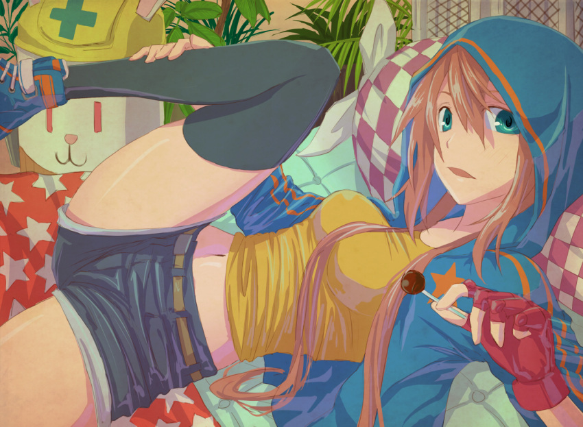 bedroom candy checkered fingerless_gloves gloves green_eyes hood kaeru314 leg_lift lollipop long_hair lying momoko_(kaeru314) navel orange_hair original pillow plant red_hair room shoes short_hair sleeves_pushed_up sneakers solo star thigh-highs thighhighs