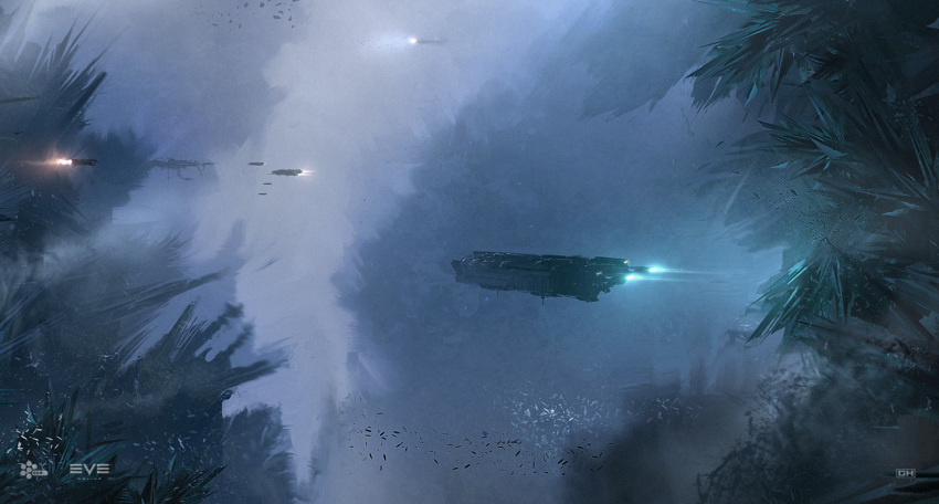 artist_logo asteroid asteroid_field clouds commentary company_logo concept_art copyright_logo copyright_name crystal english_commentary eve_online floating floating_object flying georg_hilmarsson logo no_humans official_art outdoors photoshop_(medium) rock scenery science_fiction space spacecraft thrusters zero_gravity