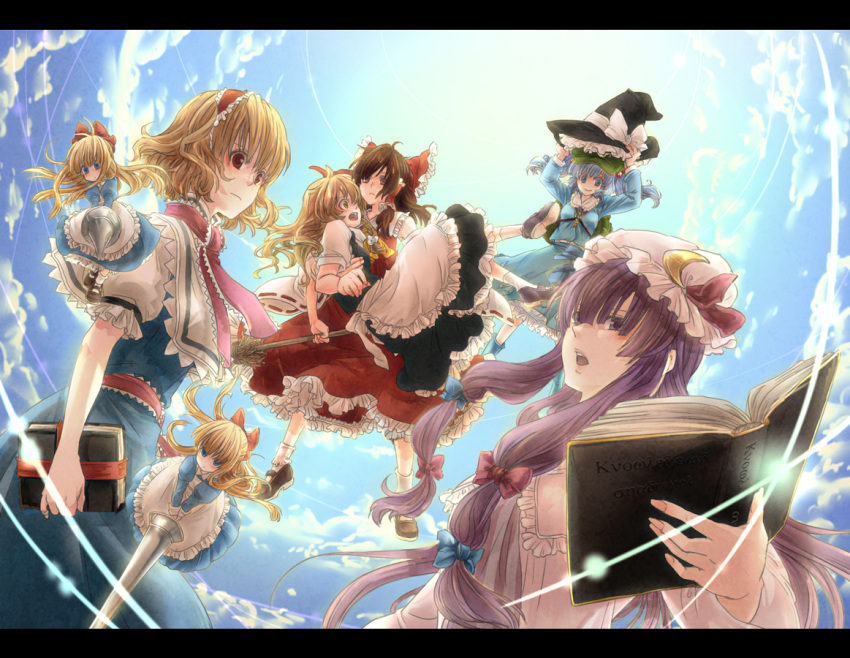 alice_margatroid backpack bag blonde_hair blue_eyes blue_hair blush book bow braid brown_eyes brown_hair crescent detached_sleeves hair_bobbles hair_bow hair_ornament hair_tubes hakurei_reimu hat hat_removed headwear_removed kawashiro_nitori key kirisame_marisa lance letterboxed long_hair miko multiple_girls patchouli_knowledge polearm purple_eyes purple_hair red_eyes sakanahen shanghai short_hair smile touhou twintails violet_eyes weapon witch witch_hat yellow_eyes