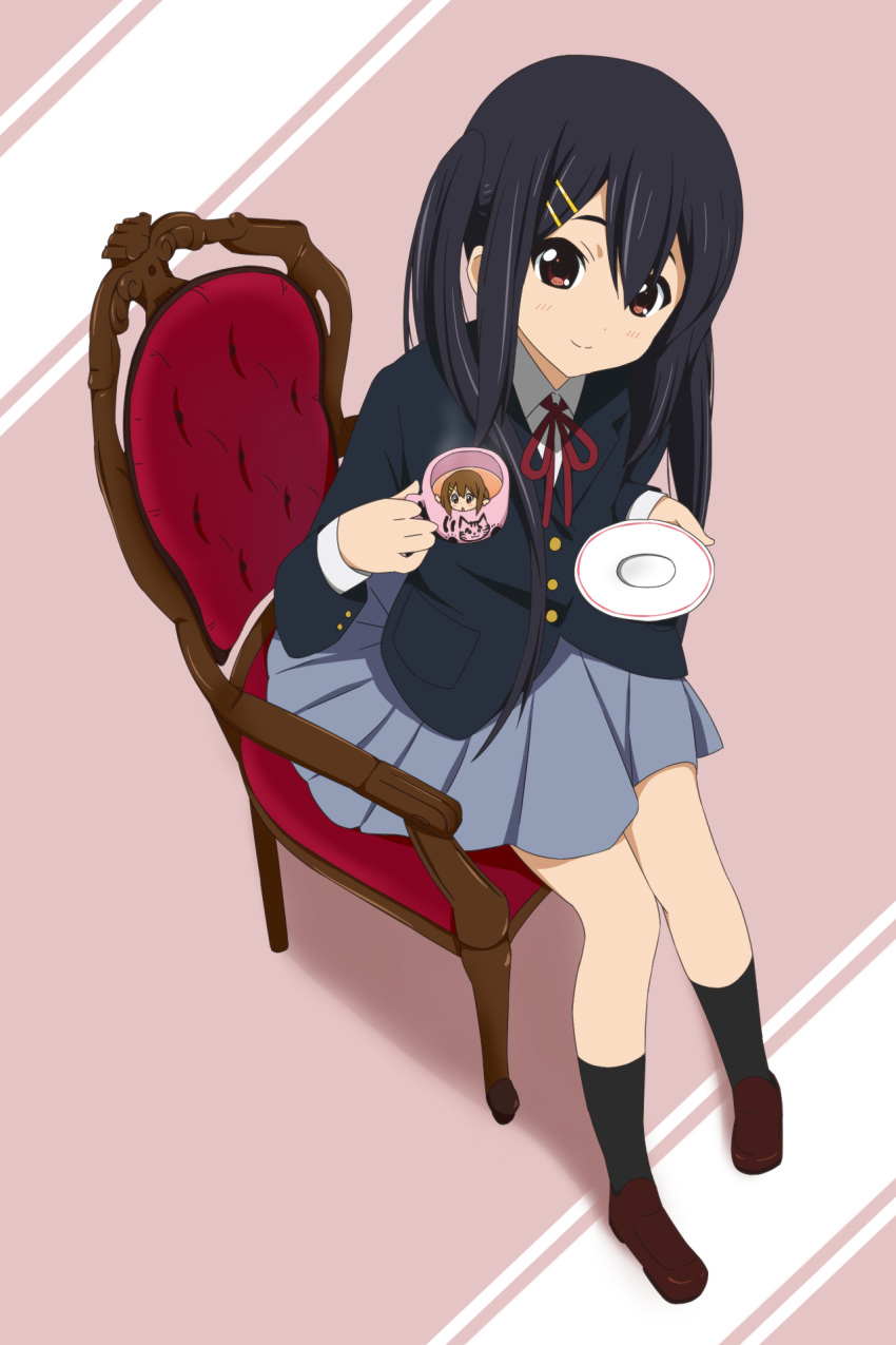 brown_eyes brown_hair chair cup girl_in_a_cup hair_ornament hairclip highres hirasawa_yui in_container in_cup k-on! long_hair minigirl nakano_azusa school_uniform short_hair sitting smile tea twintails yunotimo
