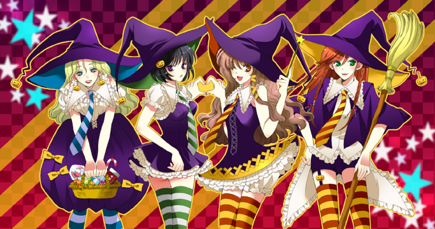 ginny_weasley harry_potter hat hermione_granger kunimori_yuuka luna_lovegood multicolored_legwear multiple_girls pansy_parkinson striped striped_legwear striped_thighhighs thigh-highs thighhighs youka_(mimori1003) zettai_ryouiki