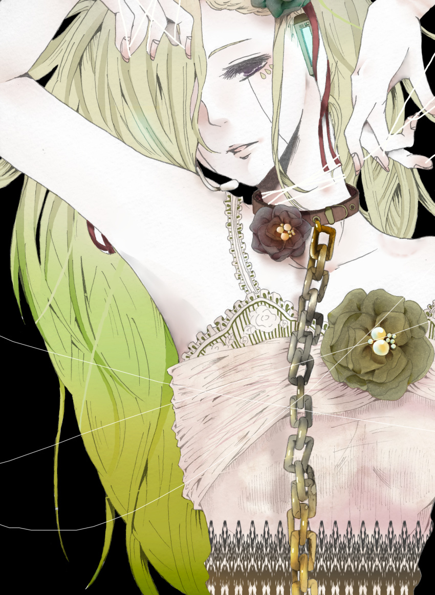 armpits arms_up bare_shoulders bdsm bondage bust chain chains collar flower green_hair hair_over_one_eye hatsune_miku highres leash lips long_hair nonta_(zero_gravity) slave sleeveless solo twintails vocaloid