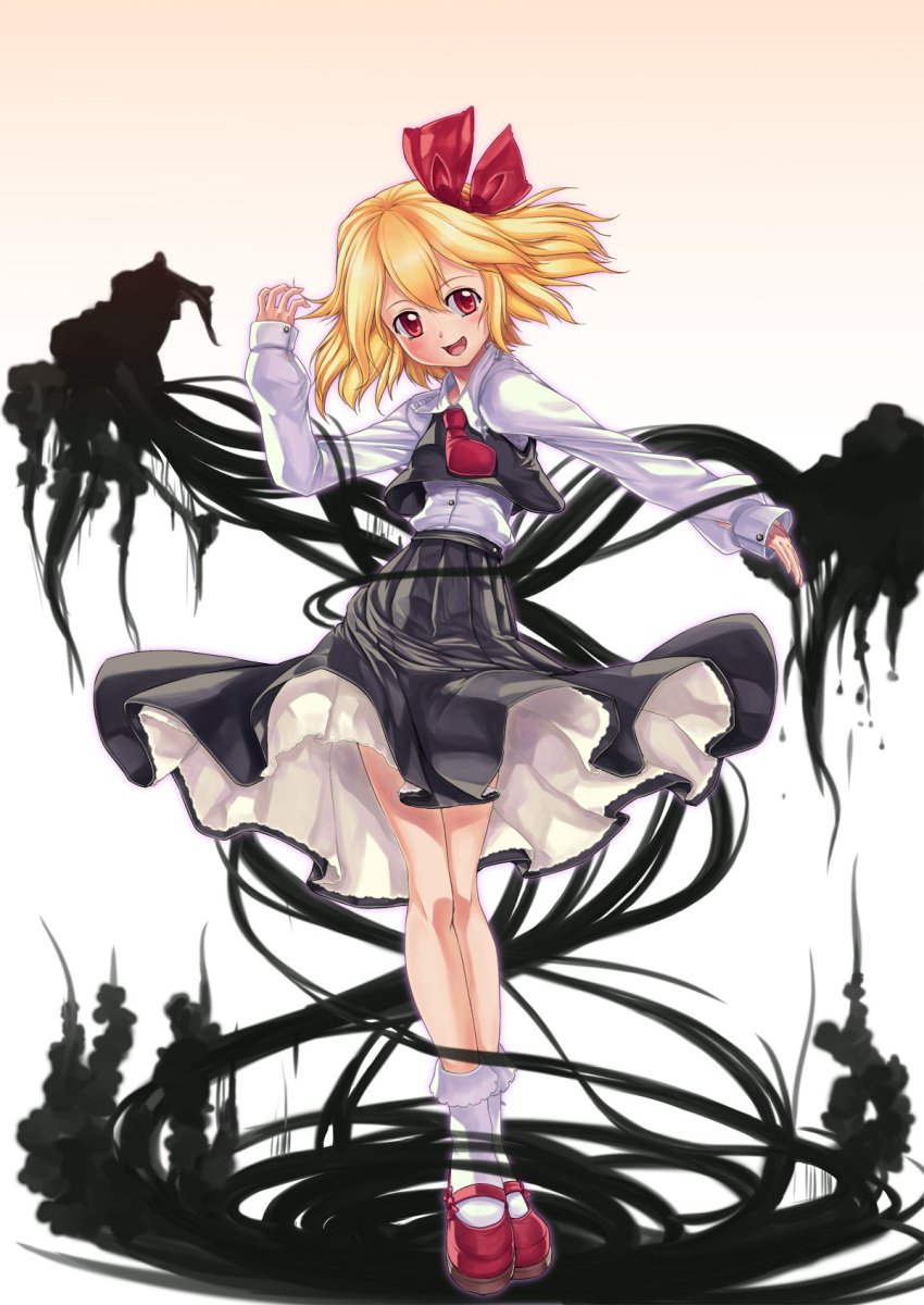 baiken_(artist) blonde_hair blush bobby_socks bow darkness fang hair_bow highres legs long_sleeves mary_janes open_mouth outstretched_arm petticoat red_eyes rumia shoes short_hair smile socks solo standing the_embodiment_of_scarlet_devil touhou youkai