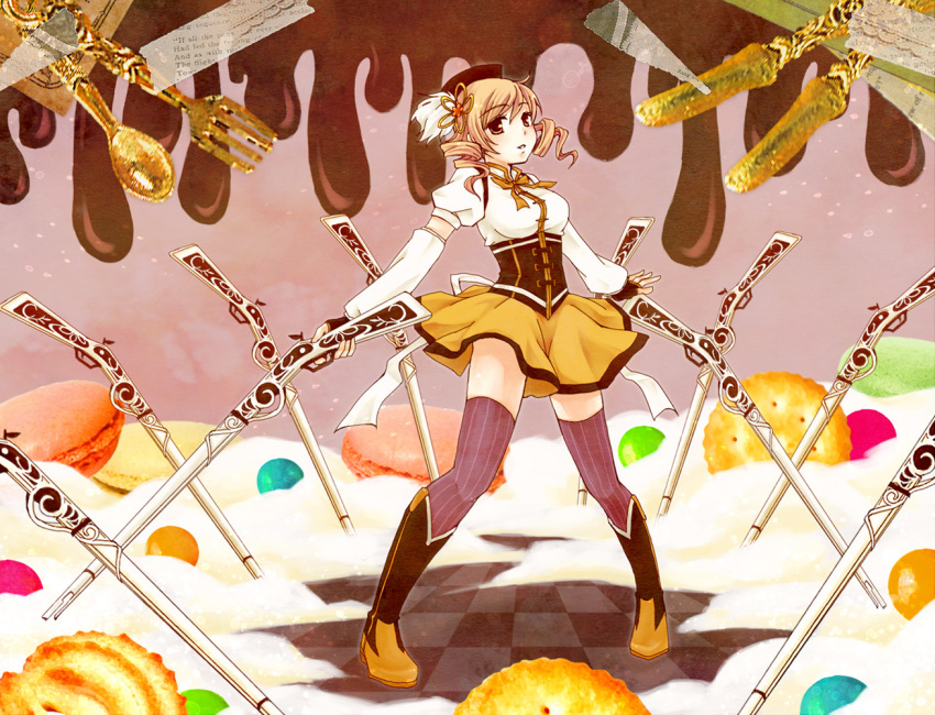 beret blonde_hair boots breasts candy checkered checkered_floor cookie corset detached_sleeves drill_hair dual_wielding fingerless_gloves food fork gloves gun hair_ornament hat icing knife magical_girl magical_musket mahou_shoujo_madoka_magica omayu ornate pleated_skirt puffy_sleeves rifle skirt solo spoon thigh-highs thighhighs tomoe_mami weapon witch_hat yellow_eyes zettai_ryouiki