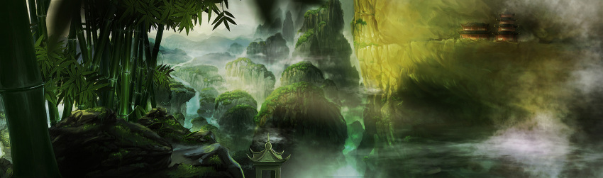 architecture bamboo bamboo_forest cliff east_asian_architecture fog forest highres landscape mountain nature no_humans original scenery yingzhiping