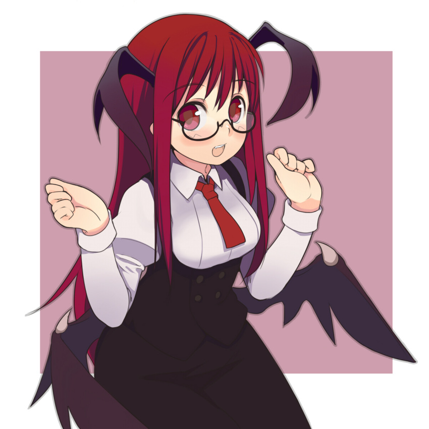 :d bat_wings bespectacled blush demon_wings fang glasses head_wings highres koakuma long_hair necktie open_mouth oza_watto red_eyes red_hair redhead smile solo the_embodiment_of_scarlet_devil touhou wings