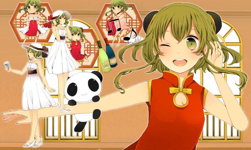 bottle bun_cover china_dress chinese_clothes dress green_eyes green_hair gumi hat highres komine multiple_persona open_mouth panda short_hair smile sun_hat vocaloid wink young