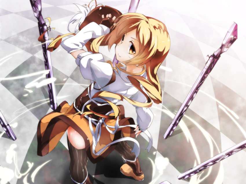&gt;:) alta beret blonde_hair boots detached_sleeves drill_hair fingerless_gloves foreshortening from_above gloves gun hat hat_removed headwear_removed holding holding_hat looking_back magical_girl magical_musket mahou_shoujo_madoka_magica oruta_(owata_saber) puffy_sleeves rifle short_hair short_twintails solo tareme thigh-highs thighhighs tomoe_mami twintails vertical-striped_legwear vertical-striped_thighhighs vertical_stripes weapon wind_lift yellow_eyes