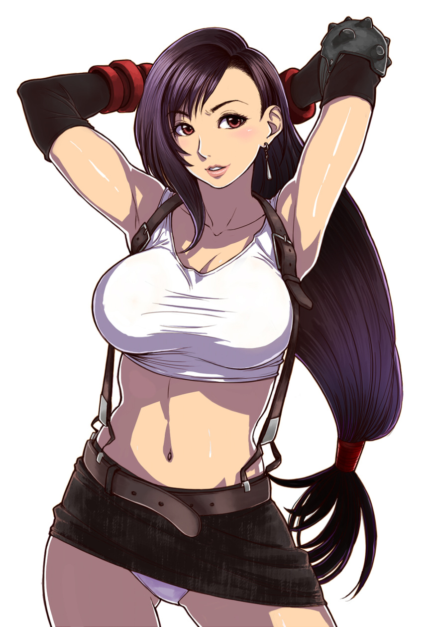 armpits arms_behind_head belt black_gloves black_hair breasts collarbone earrings elbow_gloves elbow_pads final_fantasy final_fantasy_vii gloves highres jewelry large_breasts lips long_hair low-tied_long_hair midriff miniskirt naav navel panties pantyshot purple_hair red_eyes simple_background skirt solo suspenders tank_top taut_shirt tifa_lockhart underwear very_long_hair white_panties