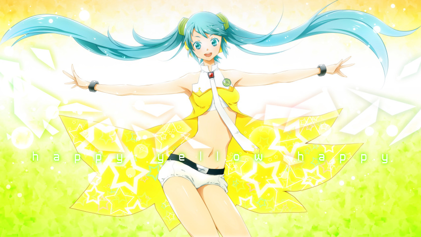 16:9 aqua_hair belt bracelet floating_hair hatsune_miku headphones highres jewelry long_hair navel necktie open_mouth outstretched_arms project_diva project_diva_2nd twintails venuspunk very_long_hair vocaloid wallpaper yellow yellow_(vocaloid)
