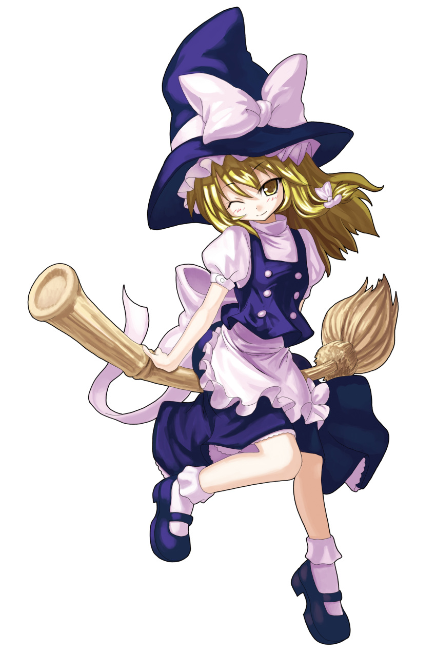 absurdres bamboo_broom blonde_hair blush bobby_socks bow broom broom_riding hair_bow hat highres kirisame_marisa long_hair mary_janes shoes sidesaddle sitting smile socks solo soraneko+ touhou transparent_background wink witch witch_hat yellow_eyes