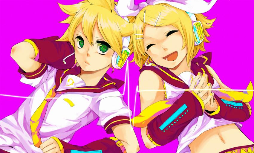 blonde_hair closed_eyes detached_sleeves green_eyes hair_bow hairclip headphones headset kagamine_len kagamine_rin midriff nail_polish navel necktie open_mouth pink sailor_collar short_hair twins vocaloid