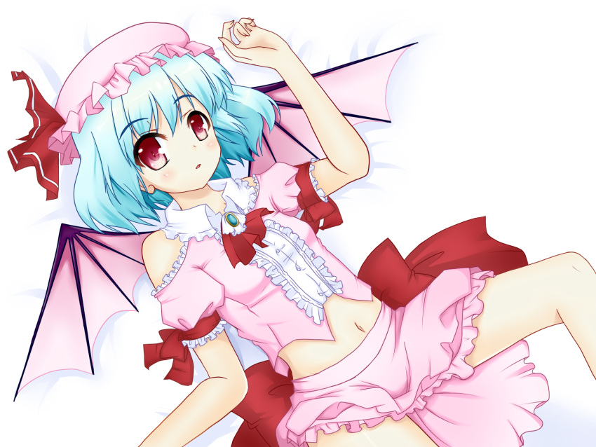 artist_request bare_shoulders blue_hair blush lying midriff open_mouth red_eyes remilia_scarlet skirt solo touhou wings