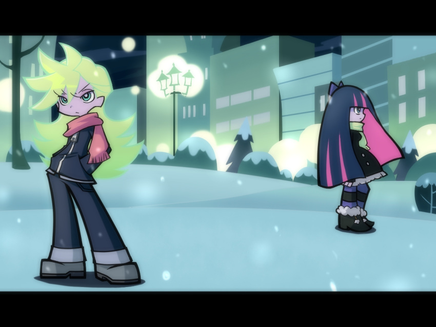 blonde_hair letterboxed multicolored_hair multiple_girls official_style panty_&amp;_stocking_with_garterbelt panty_(character) panty_(psg) purple_hair rate_rapiku snow stocking_(character) stocking_(psg) thighhighs toen two-tone_hair