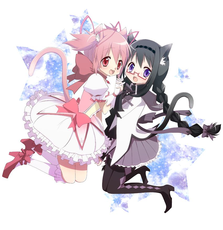 :o akemi_homura alternate_hairstyle animal_ears bad_id black_hair boots braid bubble_skirt cat_ears cat_tail choker glasses gloves hairband hand_holding hands_clasped highres holding_hands interlocked_fingers kaname_madoka kemonomimi_mode long_hair magical_girl mahou_shoujo_madoka_magica multiple_girls nono_(noxno) pantyhose pink_eyes pink_hair puffy_sleeves purple_eyes red-framed_glasses shoes short_hair short_twintails skirt smile spoilers star tail twin_braids twintails violet_eyes white_gloves