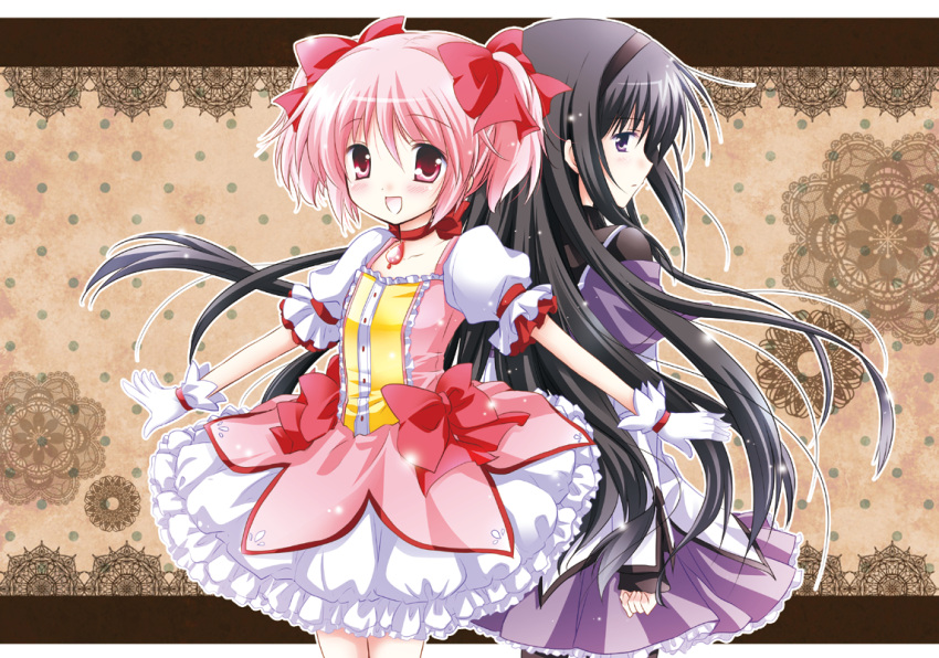 2girls akemi_homura back-to-back back_to_back black_hair blush bow choker dress gloves hair_bow kaname_madoka long_hair magical_girl mahou_shoujo_madoka_magica multiple_girls open_mouth outstretched_arms pantyhose pink_eyes pink_hair purple_eyes short_hair smile spread_arms twintails violet_eyes white-brown white_gloves