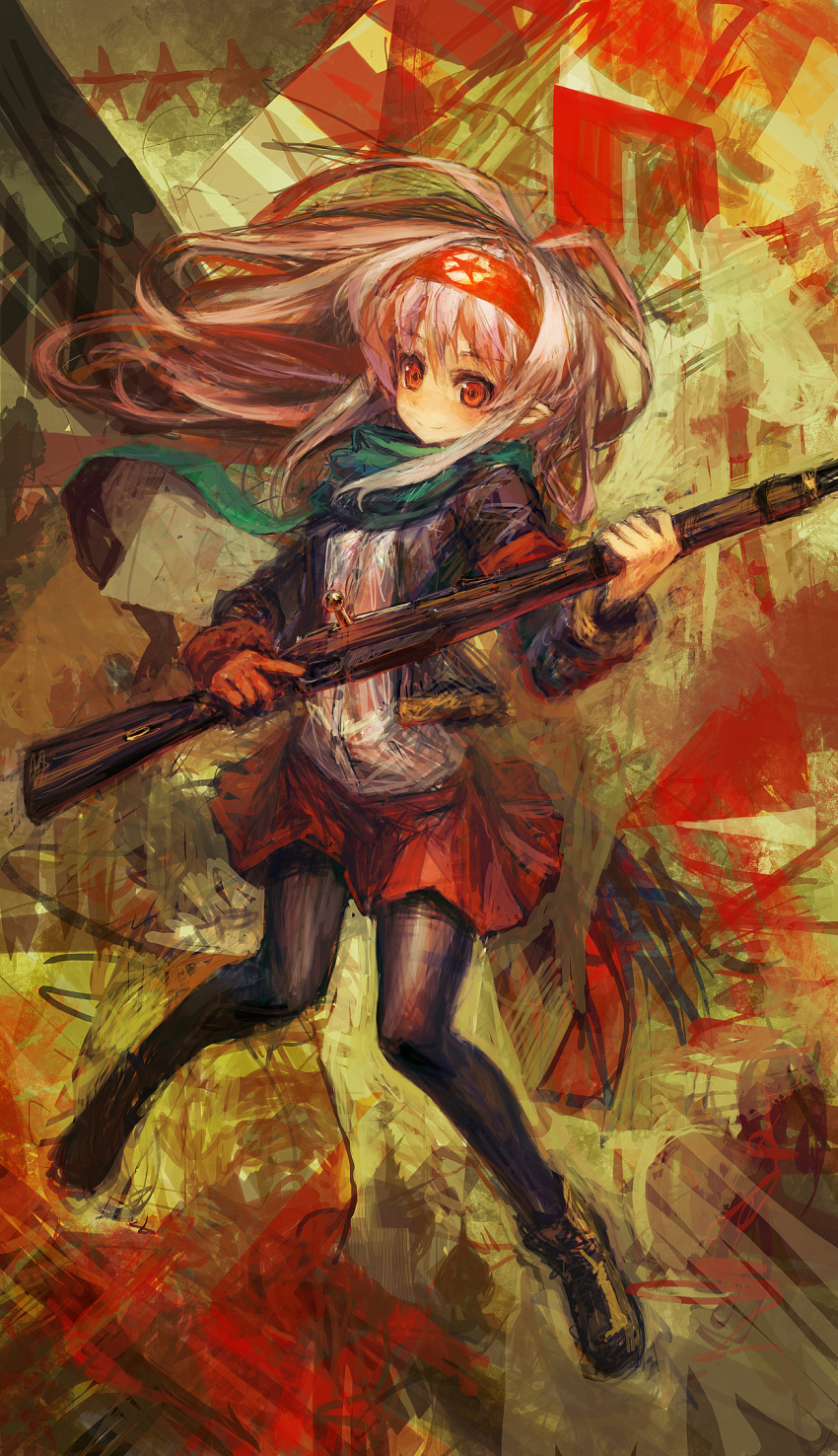 boots gloves gun hairband highres homefront jacket lm7_(op-center) long_hair op-center original pantyhose pointy_ears purple_hair red_eyes scarf skirt smile solo weapon