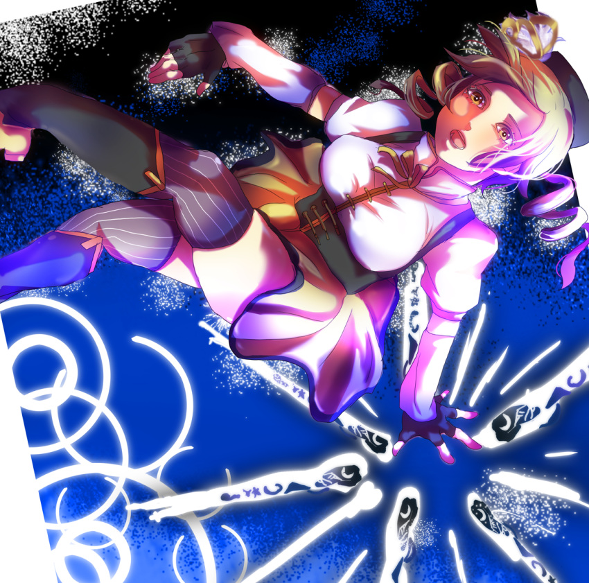 beret blonde_hair boots breasts detached_sleeves drill_hair fingerless_gloves gloves gun hair_ornament hat large_breasts magical_girl magical_musket mahou_shoujo_madoka_magica okotakotakota open_mouth pleated_skirt puffy_sleeves rifle skindentation skirt solo taut_shirt thigh-highs thighhighs tomoe_mami weapon yellow_eyes