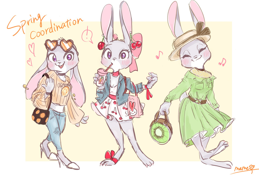 ! 1girl :3 ^_^ animal_ears animal_feet animal_nose arms_at_sides artist_name bag barefoot belt black_choker blue_jacket blue_pants blush boater_hat body_fur border bow breast_pocket breasts brown_hat buck_teeth cherry_earrings cherry_print choker closed_eyes closed_mouth clothes_writing commentary_request crop_top cup denim disposable_cup dress drink drinking drinking_glass drinking_straw earrings ears_down elbow_carry english_text facing_viewer fishnet_top fishnets food-themed_earrings food_print fruit_print furry furry_female green_dress grey_fur hair_bow hand_up handbag hands_up happy hat heart heart-shaped_eyewear high_heels highres holding holding_bag holding_cup holding_drink jacket jeans jewelry judy_hopps leg_up long_dress long_sleeves looking_at_viewer meme_(penpengusa_no_meme) midriff multiple_earrings multiple_views musical_note off-shoulder_dress off_shoulder open_clothes open_jacket open_mouth orange-tinted_eyewear orange_print orange_shirt outside_border pants partial_commentary pink_bow pocket print_dress print_shirt rabbit_ears rabbit_girl rabbit_tail red_choker red_ribbon ribbon shirt shoes shopping_bag short_dress short_tail signature simple_background sketch small_breasts smile speech_bubble split_mouth spoken_exclamation_mark standing standing_on_one_leg stud_earrings tail teeth tinted_eyewear two-tone_fur undershirt violet_eyes white_border white_dress white_fur white_shoes wide-eyed wide_sleeves wrist_ribbon yellow_background zootopia
