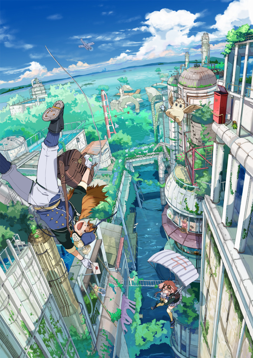 1boy 1girl ayatoki bird brown_eyes child city cloud clouds falling fang female from_above goggles goggles_on_head hat highres horizon letter long_hair mailman male open_mouth orange_eyes orange_hair original outdoors outside overgrown owl parachute pink_hair plane plant potted_plant scenery short_hair skirt sky smile thighhighs uniform water waving worried