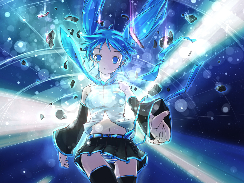 belt blue_eyes blue_hair detached_sleeves floating_hair hatsune_miku highres hokuchin navel necktie panties skirt solo striped striped_panties thigh-highs thighhighs twintails underwear vocaloid