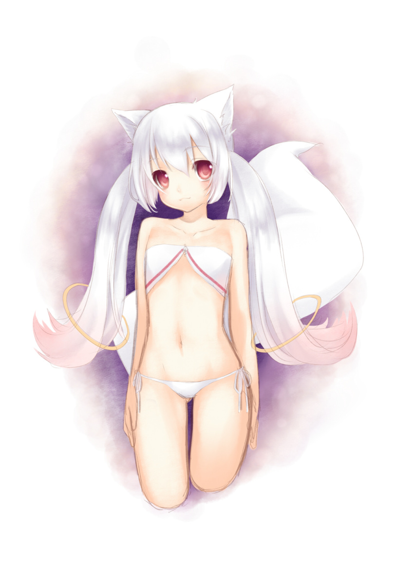 cat_ears collarbone flat_chest highres kneeling kyubey long_hair mahou_shoujo_madoka_magica male nana_mikoto panties personification red_eyes solo tail trap twintails underwear white_panties