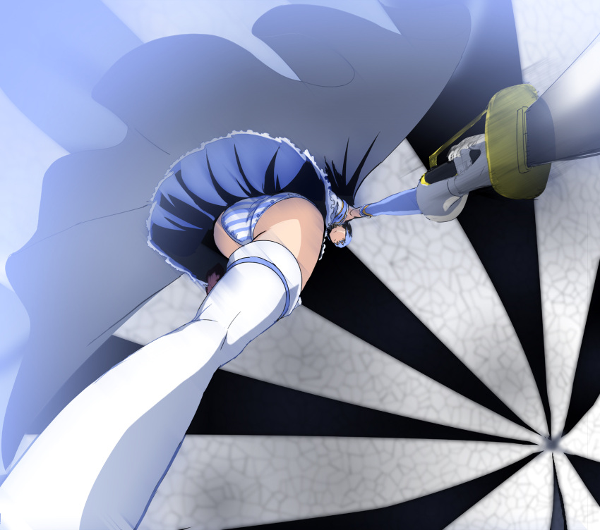battle blue_hair cape foreshortening from_below gloves highres magical_girl mahou_shoujo_madoka_magica miki_sayaka panties shino_(comic_penguin_club) striped striped_panties sword thigh-highs thighhighs underwear weapon white_gloves white_legwear witch's_labyrinth witch's_labyrinth