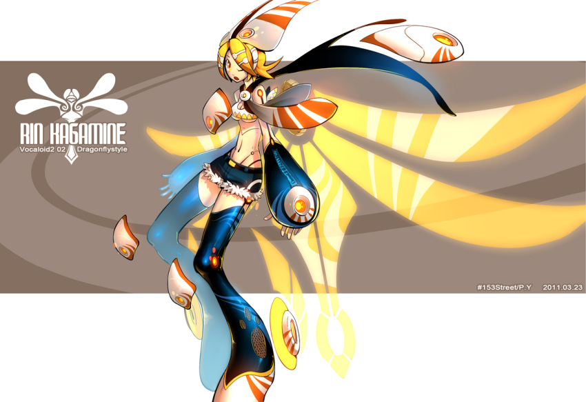 artist_request blonde_hair detached_sleeves hair_ornament hairclip hotpants kagamine_rin mecha_musume midriff navel open_mouth orange_eyes short_hair shorts thigh_highs vocaloid wings wink yellow_eyes