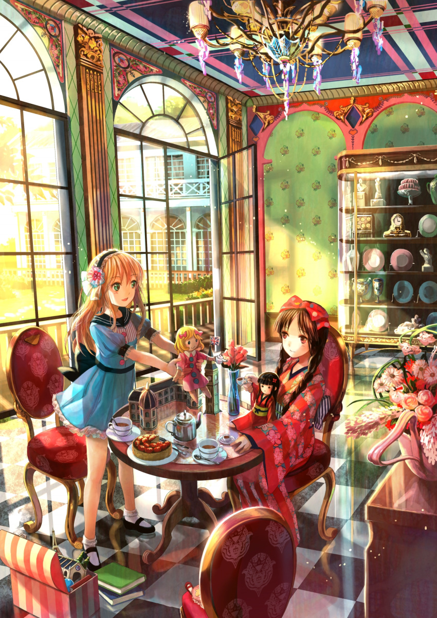 big_ben black_hair blonde_hair bobby_socks book bow braid brown_eyes cake chair chandelier commentary commentary_request cup doll dress flag flower food fuji_choko green_eyes hair_bow hairband highres japanese_clothes kimono mary_janes multiple_girls obi original red_eyes revision shoes sitting smile socks teacup teapot twin_braids union_jack vase window
