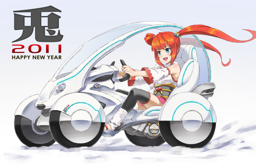 bare_shoulders blue_eyes car detached_sleeves driving fukukitaru motor_vehicle new_year original red_hair redhead science_fiction solo thigh-highs thighhighs twintails vehicle