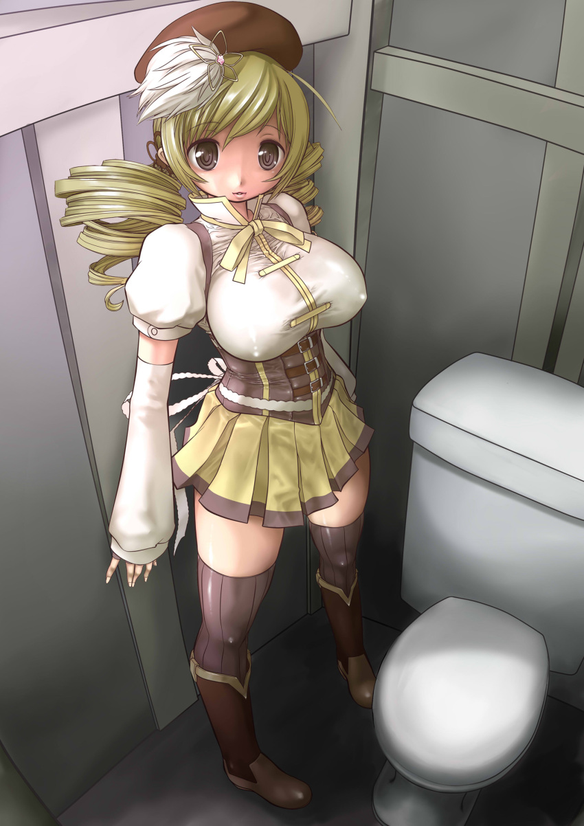 beret blonde_hair boots breasts brown_eyes corset detached_sleeves drill_hair erect_nipples from_above hair_ornament hat highres juubaori_mashumaro large_breasts lips long_hair magical_girl mahou_shoujo_madoka_magica puffy_sleeves solo standing thigh-highs thighhighs toilet tomoe_mami twin_drills zettai_ryouiki
