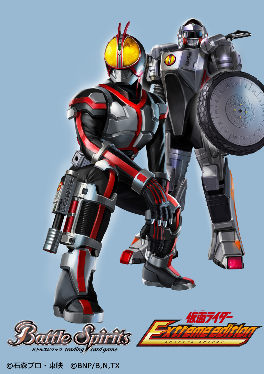 absurdres animification antennae armored_bodysuit battle_spirits character_request commentary_request copyright_name full_body highres kamen_rider kamen_rider_555 kamen_rider_faiz kuchibiru_keisuke official_art simple_background squatting standing tokusatsu wheel