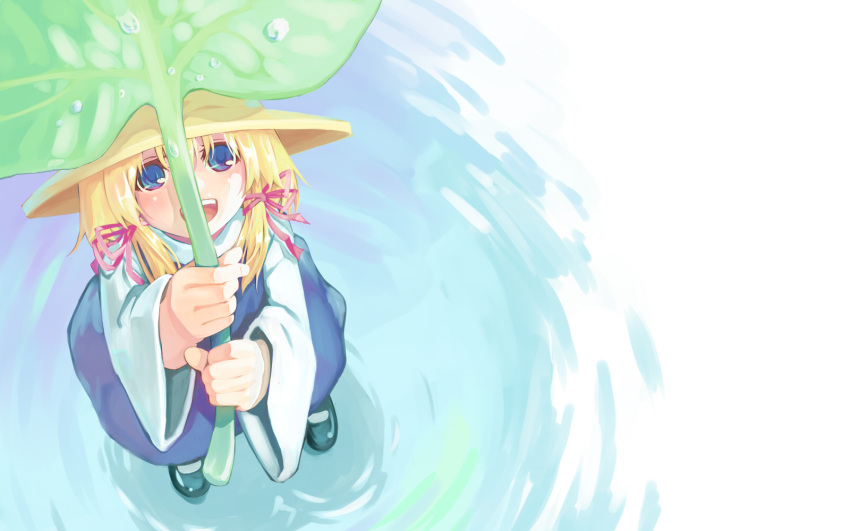 :d akie_(tyamau0525) bad_id blonde_hair blue_eyes from_above giant_leaf happy hat highres leaf_umbrella mary_janes moriya_suwako open_mouth shoes smile solo standing_on_water touhou tyamau0525_(pixiv) water