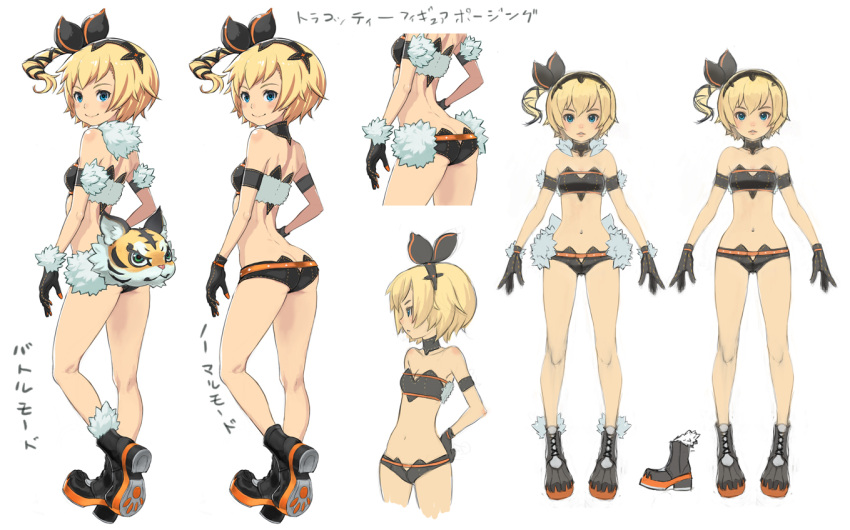 back blonde_hair blue_eyes blush character_sheet flat_chest gloves hairband legs looking_back midriff muuten original panties short_hair side_ponytail smile tiger underwear