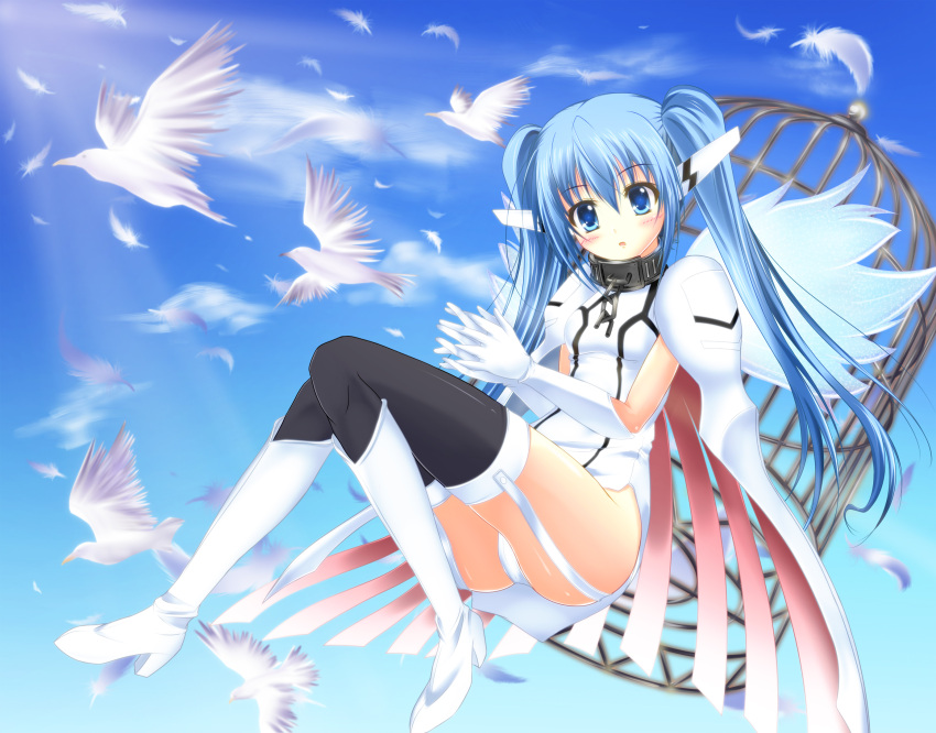 bird birdcage black_legwear blue_eyes blue_hair boots cage chain chains cloud clouds collar feathers highres long_hair nymph_(sora_no_otoshimono) panties pantyshot pass-d sky solo sora_no_otoshimono thighhighs twintails underwear upskirt