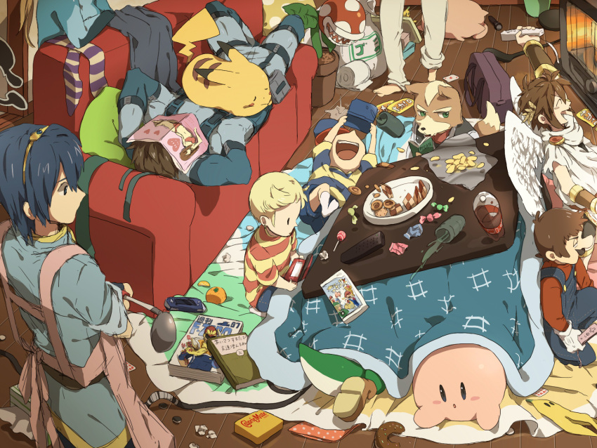 blue_hair brown_hair caloriemate captain_falcon child controller doughnut f-zero facial_hair fire_emblem fire_emblem:_mystery_of_the_emblem fox_mccloud gabu_kichi game_boy_advance green_eyes hat highres jigglypuff kid_icarus kirby kirby_(series) lucas manga_(object) mario marth metal_gear metal_gear_solid metroid mother_(game) mother_2 mother_3 mr._game_&amp;_watch mustache ness nintendo nintendo_ds pikachu piranha_plant pit pit_(kid_icarus) playing_games playstation_portable pokemon psp samus_aran sleeping smile solid_snake star_fox super_mario_bros. super_smash_bros. tiara wings yoshi