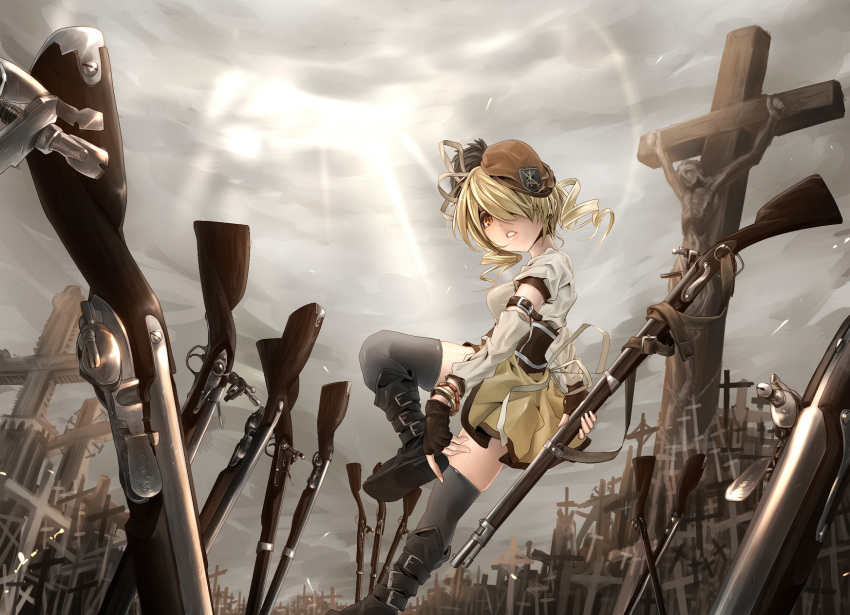 antique_firearm armlet belt beret black_legwear blonde_hair boots bracelet cloud cross crucifixion drill_hair field_of_blades fingerless_gloves firelock flintlock gloves gun hair_over_one_eye hat highres jewelry mahou_shoujo_madoka_magica puffy_sleeves rifle solo terabyte terabyte_(rook777) thigh-highs thighhighs tomoe_mami unlimited_blade_works weapon yellow_eyes