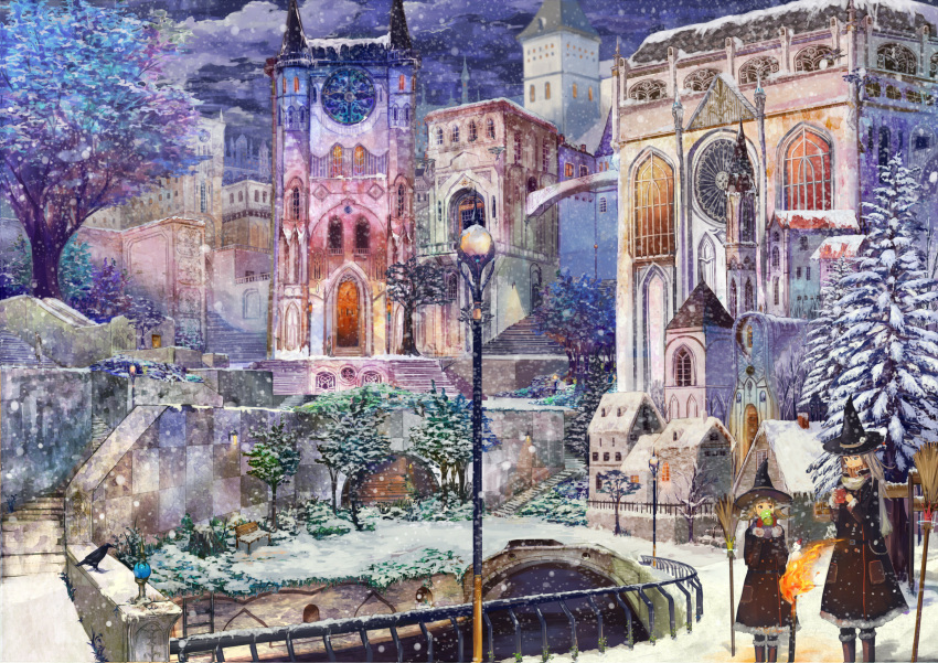 bird broom cathedral church cityscape coat cup drinking hat highres lamppost long_hair mug multiple_girls original scarf scenery shigureteki snow snowing standing torch tree winter winter_clothes witch witch_hat