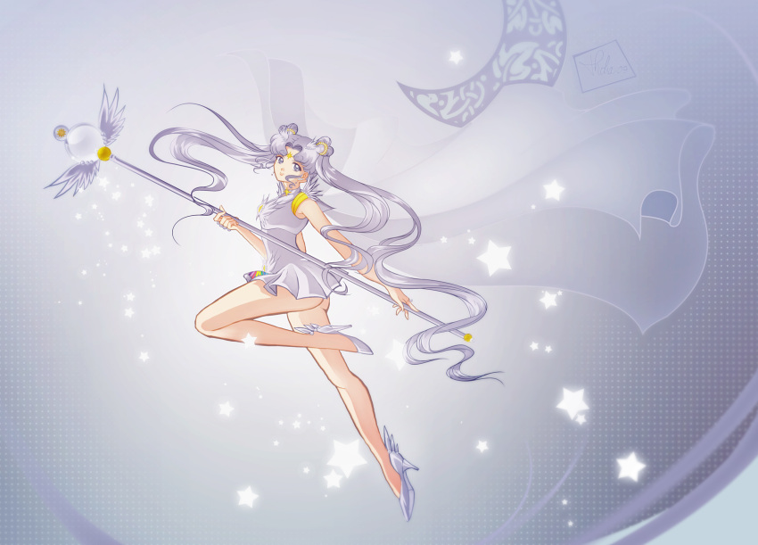 angel_wings ass bishoujo_senshi_sailor_moon brooch cape choker double_bun earrings grey_eyes hair_ornament hairpin high_heels highres jewelry legs long_hair long_legs magical_girl payot pleated_skirt sailor_collar sailor_cosmos serious shoes skirt solo staff star thighs twintails wand white_hair wings