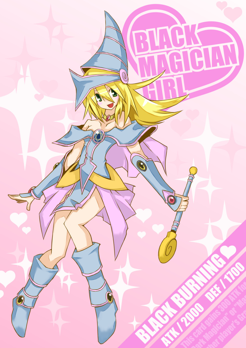 bad_id bare_shoulders blonde_hair blue_eyes blush boots breasts choker cleavage dark_magician_girl detached_sleeves duel_monster green_eyes hat highres jewelry long_hair necklace open_mouth pentacle pentagram pink_background skirt smile solo staff title_drop wand wizard_hat yu-gi-oh! yuu-gi-ou yuu-gi-ou_5d's yuu-gi-ou_5d's yuu-gi-ou_duel_monsters yuu-gi-ou_gx