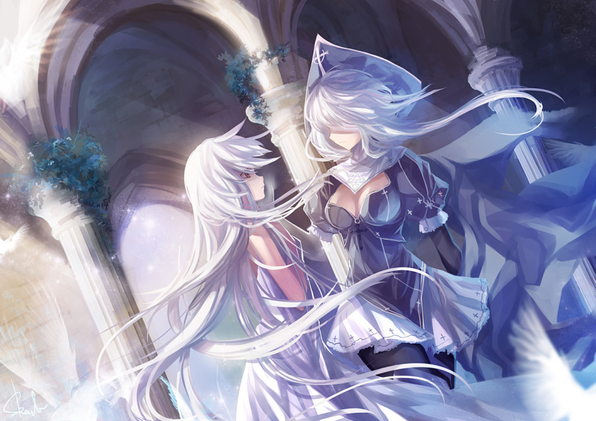 amputee black_legwear breasts cape cleavage cleavage_cutout dress fading hat long_hair multiple_girls pantyhose pixiv_fantasia pixiv_fantasia_5 pleated_skirt red_eyes silver_hair skade skirt sundress very_long_hair white_hair wind