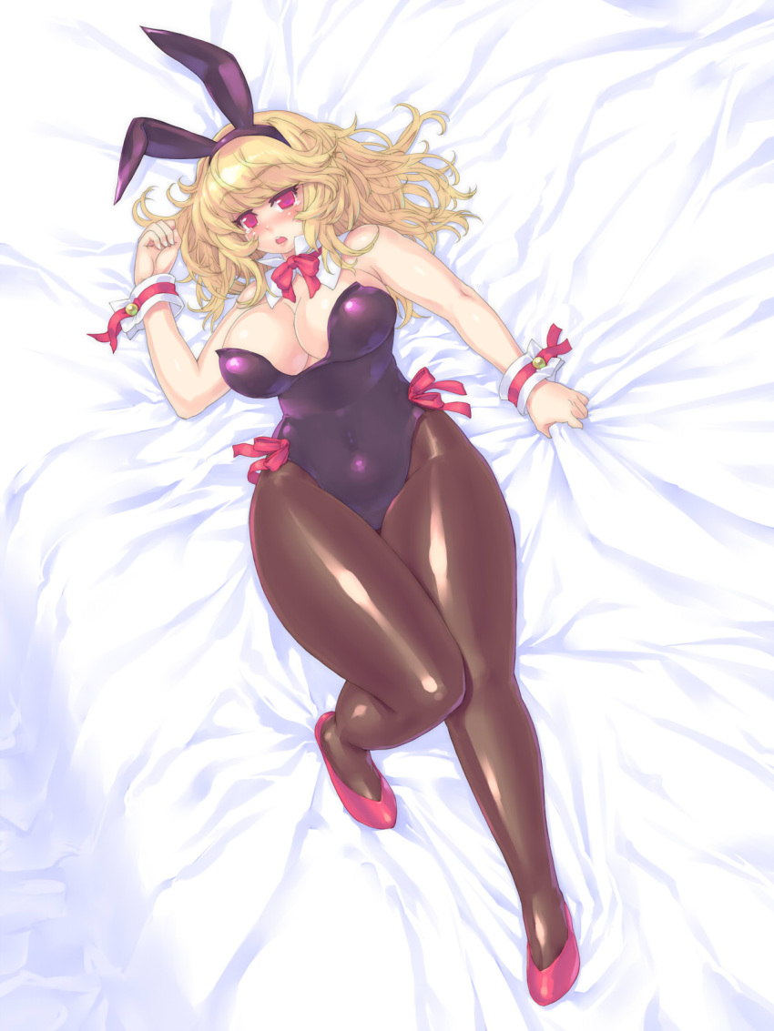 bed_sheet blonde_hair blush breasts bunny_ears bunny_girl bunnysuit cleavage curvy fax_ogawa highres large_breasts legs long_hair lying original pantyhose pink_eyes plump sheet_grab solo tears thick_thighs thighs