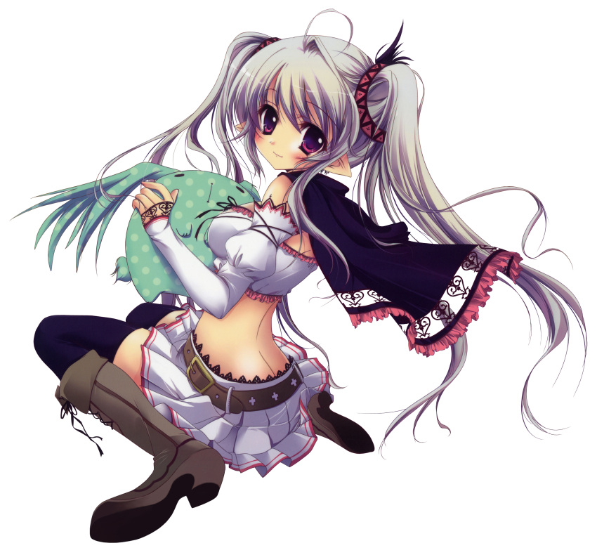 absurdres belt boots cape copyright_request detached_sleeves grey_hair highres izumi_tsubasu long_hair midriff pointy_ears purple_eyes silver_hair sitting skirt solo stuffed_toy thigh-highs thighhighs tubetop twintails violet_eyes wariza