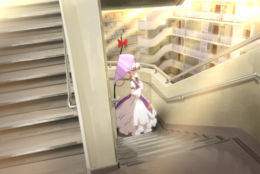 apartment backlighting blonde_hair bow dress gap hair_bow hair_up hat hat_ribbon highres looking_at_viewer mukai parasol payot purple_eyes rail railing ribbon scenery solo stairs sunbeam sunlight touhou tsurime umbrella violet_eyes yakumo_yukari