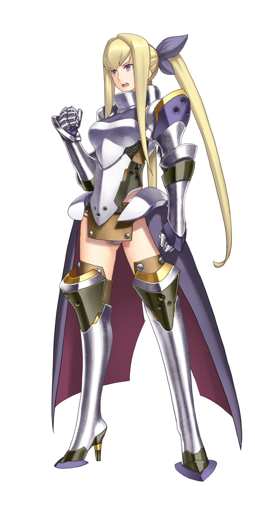 ar_tonelico ar_tonelico_iii armor blonde_hair bow clenched_hands fist gust high_heels highres legs long_hair long_legs nagi_ryou official_art open_mouth purple_eyes sakia-rumei sakia_lumei shoes thighs violet_eyes