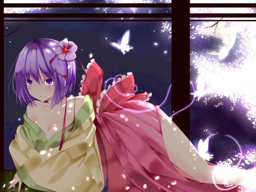 absurdres bad_id bare_shoulders bow breasts butterfly cherry_blossoms cleavage fingernails flower full_moon hair_flower hair_ornament hieda_no_akyuu highres japanese_clothes large_breasts legs lipstick makeup moon nail nail_polish nails night off_shoulder petals purple_eyes purple_hair revision short_hair solo suzuchi1218 touhou undressing violet_eyes