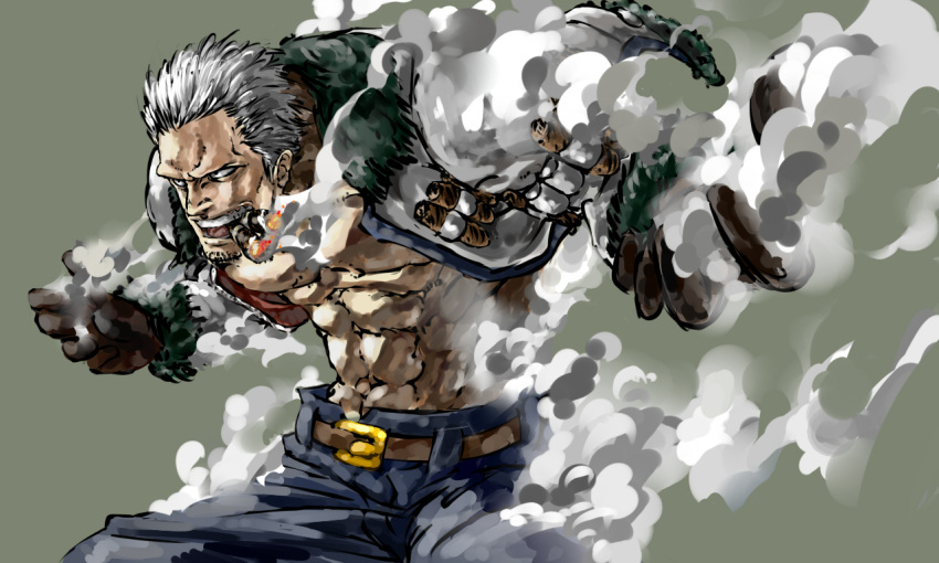 abs belt cigar devil_fruit facial_hair fighting_stance fur_trim gloves male marine meta_gun muscle no_eyebrows one_piece open_clothes open_shirt shirt short_hair smoke smoker smoker_(one_piece) smoking solo white_hair