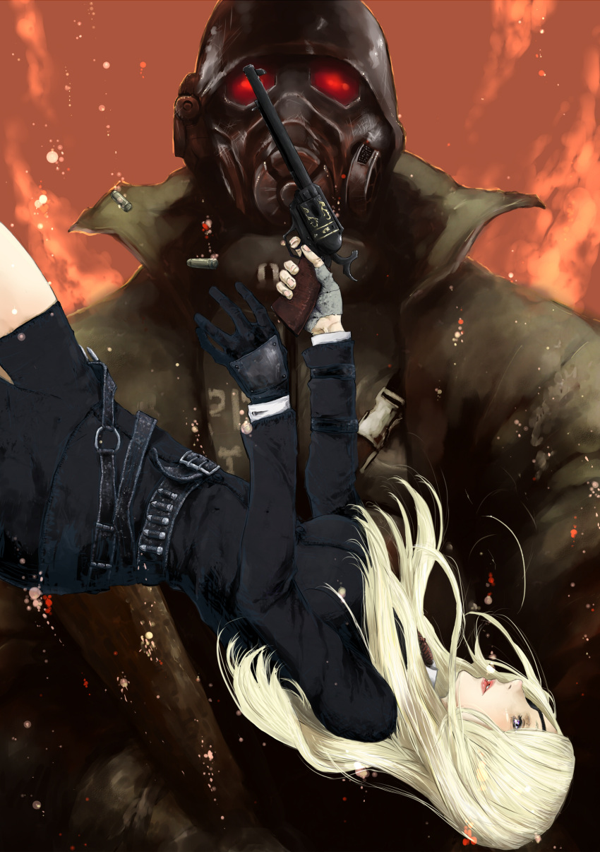 absurdres belt blonde_hair blue_eyes breasts bullet business_suit eyepatch falling fallout fallout_new_vegas fingerless_gloves gas_mask gloves gun helmet highres legs lipstick long_hair makeup miniskirt ncr ncr_veteran_ranger revolver sinkawa145 skirt weapon