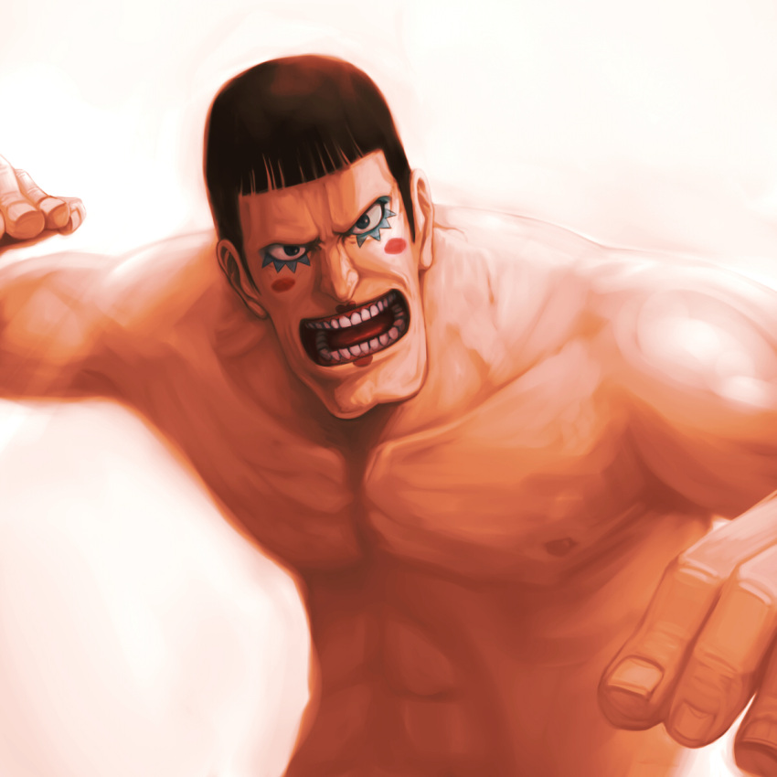 bad_id bon_clay fighting_stance highres makeup male meta_gun one_piece shirtless short_hair simple_background solo topless
